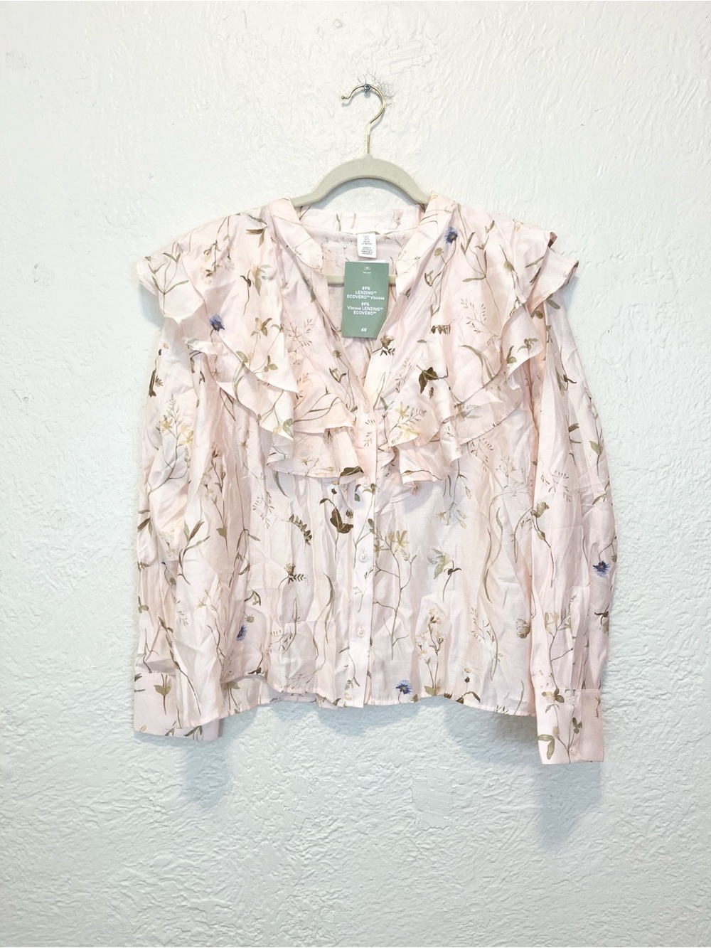 H&M Top Blouse Pink Floral Romantic Ruffle XL